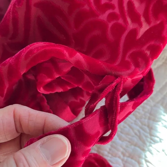 Velvet Burnout Satin Wrap Robe Long Shawl Collar Belt Pockets Women M Red Floral - Picture 16 of 17
